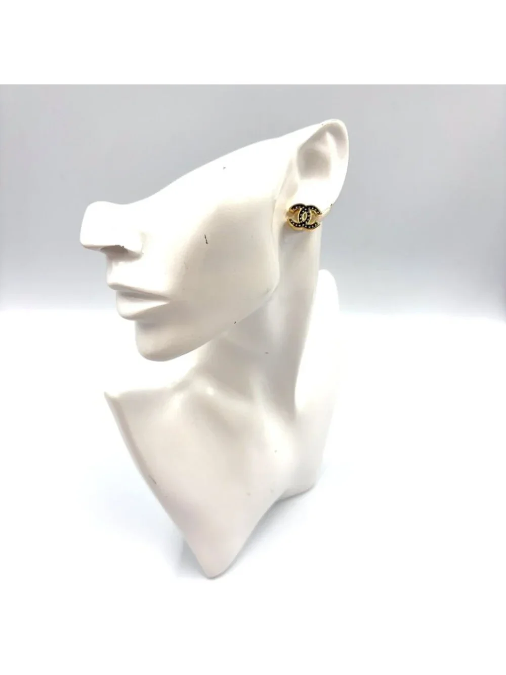 Chanel CC Logo Rhinestone Enamel Clear Gold Black Earrings